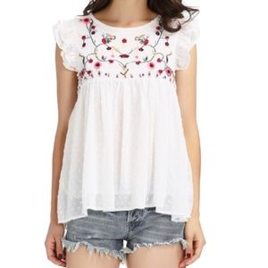 White Heavy Embroidery Ruffle Chiffon Top